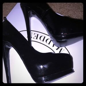 Oil slick black patent platforms